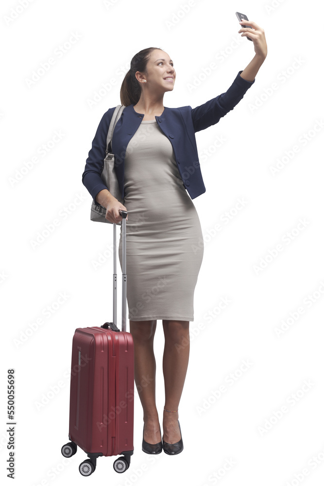 PNG file no background Traveler woman taking selfies with her phone PNG file no background Traveler woman taking selfies with her phone