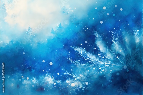 Christmas blue background with snow and snowflakes. Wintertime and snowy winter landscape