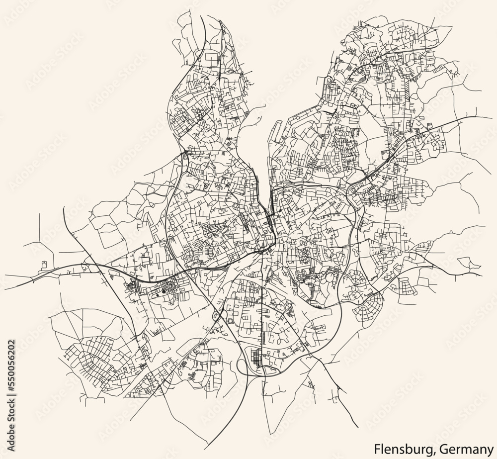 Detailed navigation black lines urban street roads map of the German town of FLENSBURG, GERMANY on vintage beige background