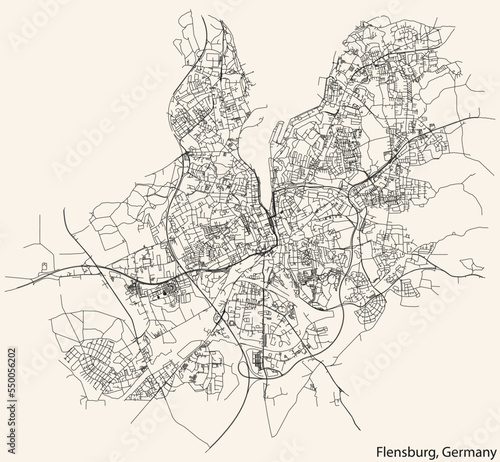 Detailed navigation black lines urban street roads map of the German town of FLENSBURG  GERMANY on vintage beige background