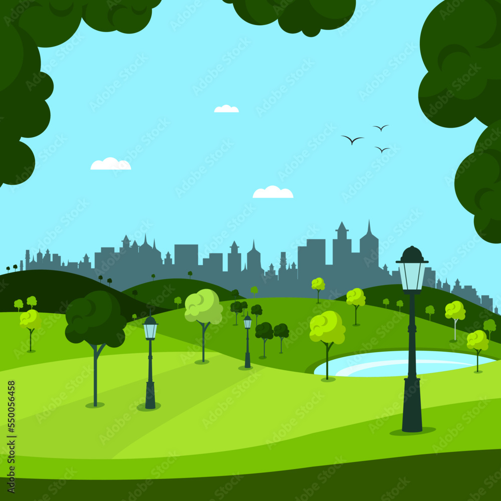 Empty city park with skyline silhouette on background - vector Empty city park with skyline silhouette on background - vector