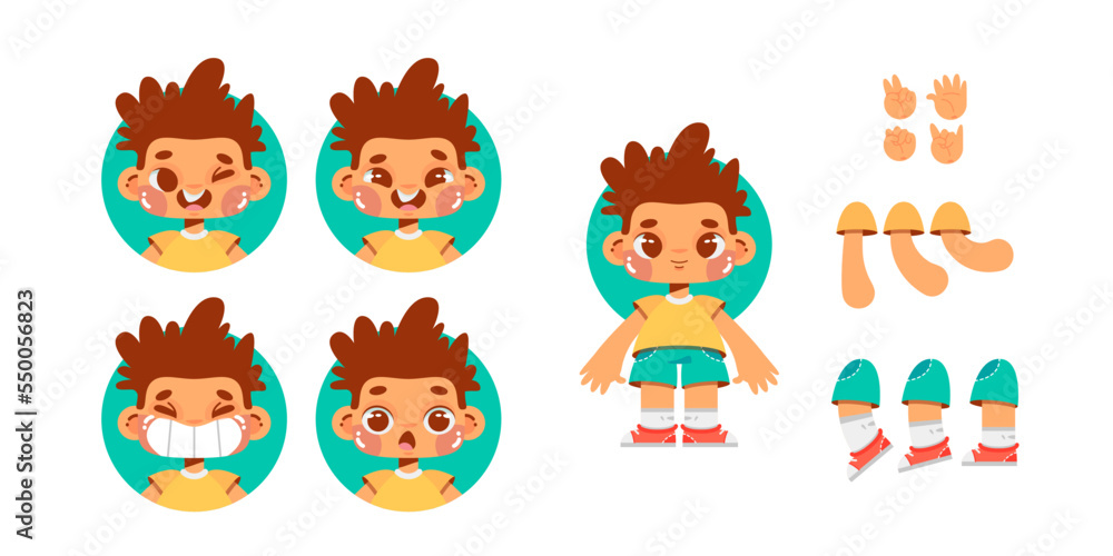 template for character animation, little child, different emotions of the character, separate parts of the body for animation, little boy