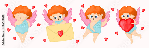 Amur mascot in different poses. Cupid angel. Valentine s Day character. Vector illustration