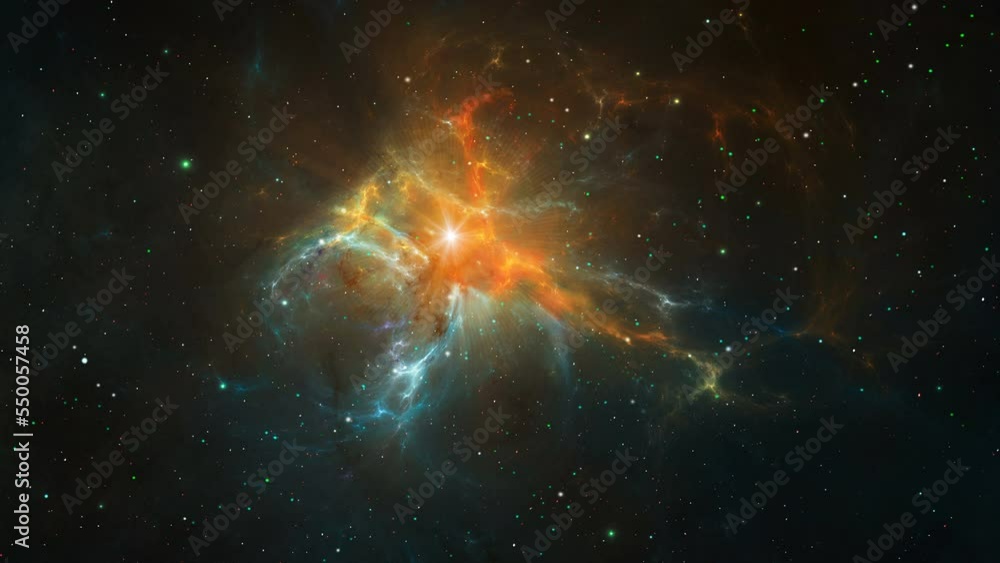 Space background. Flying through blue and orange nebula with stars ...