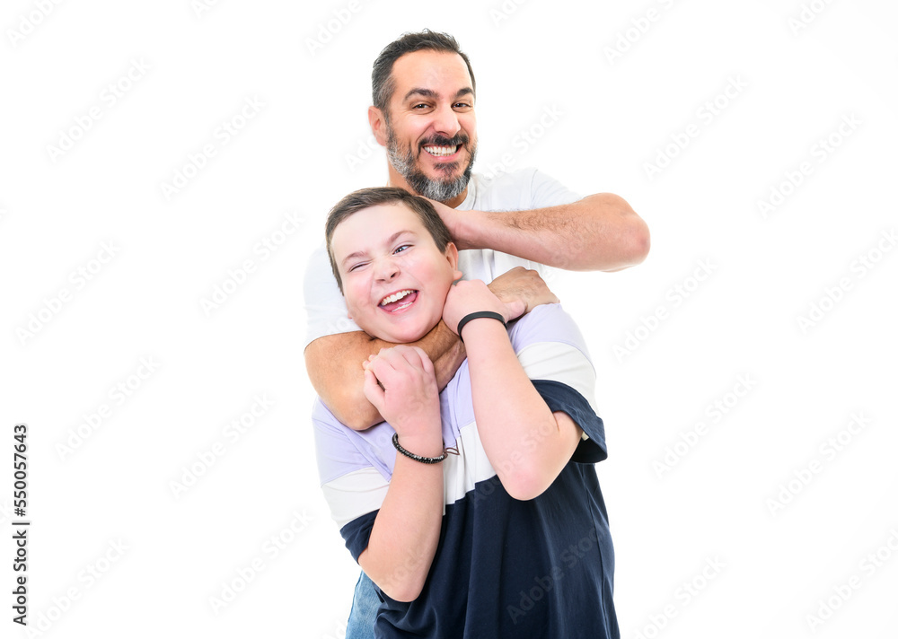 boy with monoparental father on studio white background boy with monoparental father on studio white background