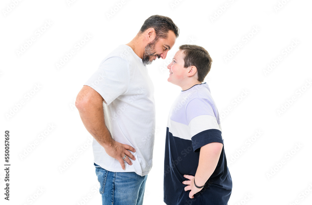 boy with monoparental father on studio white background boy with monoparental father on studio white background