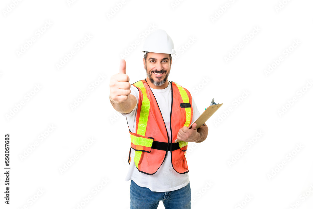 Construction Home Inspector Reviews Documents on studio white background with white helmet Construction Home Inspector Reviews Documents on studio white background with white helmet