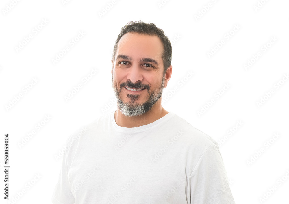 portrait of a bearded middle-aged man looking thoughtfully at the camera over a white studio background portrait of a bearded middle-aged man looking thoughtfully at the camera over a white studio background