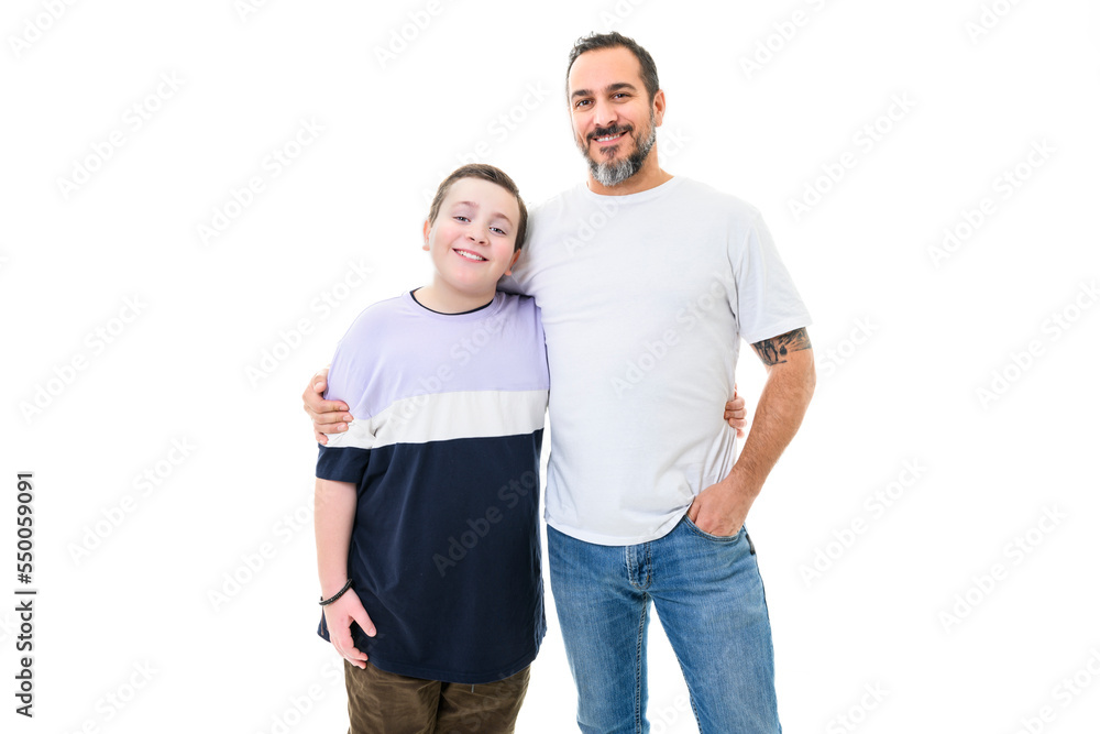 boy with monoparental father on studio white background boy with monoparental father on studio white background