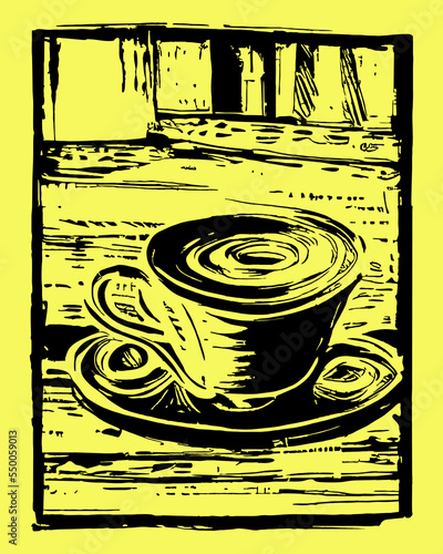 Cup with coffee on a saucer in style lino print.A steaming hot drink.Мock-up.Ceramic products.Template for design.3D.Vector illustration. 