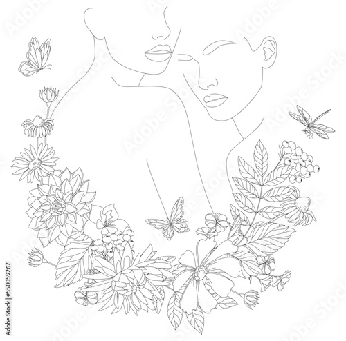 Two faces with flowers using a vector drawing in one line.