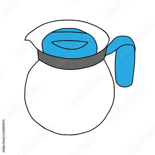 Black hand drawing illustration of a transparent glass kettle for tea witn a blue cap isolated on a white background