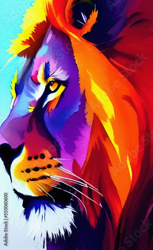 Digital watercolor painting color paint splashes lion portrait