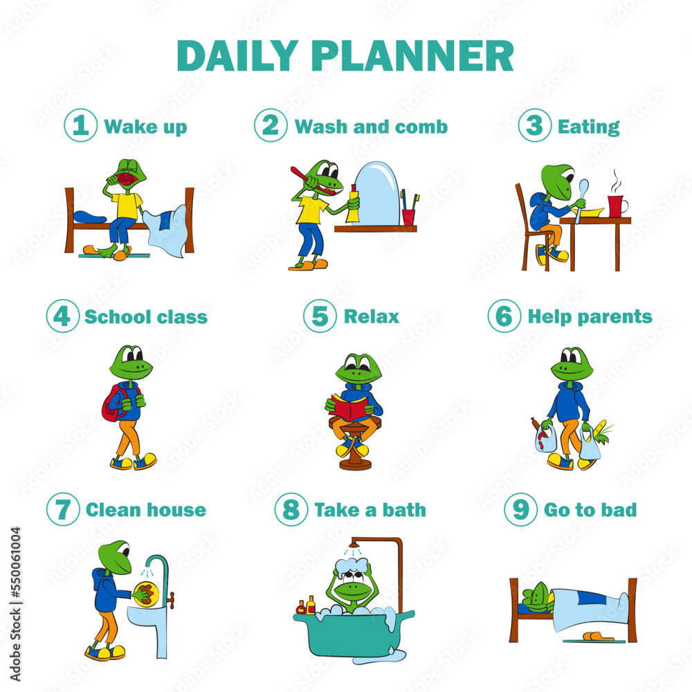 Daily routine of baby. Way of life of schoolboy. Baby frog performing various tasks during the day. Bright vector illustration. Daily routine of baby. Way of life of schoolboy. Baby frog performing various tasks during the day. Bright vector illustration.