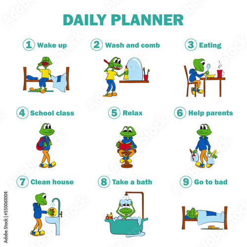 Daily routine of baby. Way of life of schoolboy. Baby frog performing various tasks during the day. Bright vector illustration.