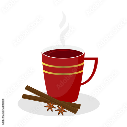 Vector illustration of mulled wine. Red cup of mulled wine with cinnamon stick and anise. Can be used for menus, cafes and restaurants.