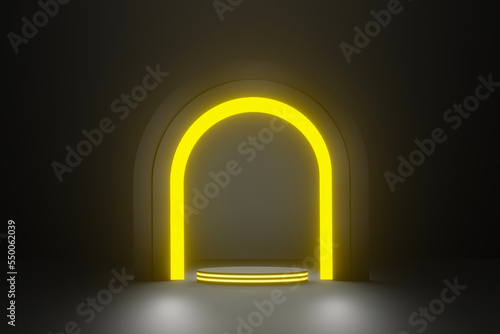 yellow black glowing arch and empty stage stage in darkness 3d rendering, podium platform for product promotion