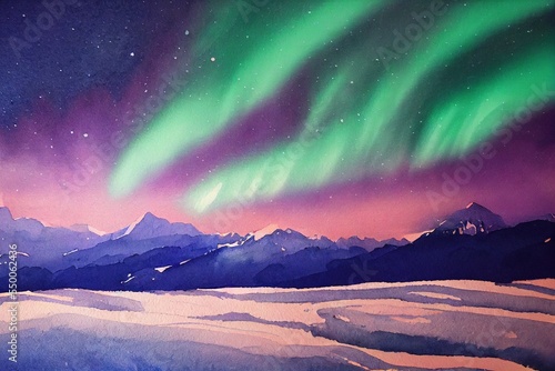 Aurora borealis, nothern lights, polar lights. Sunrise in the mountains. Mountains illustration. Mauntains watercolor.