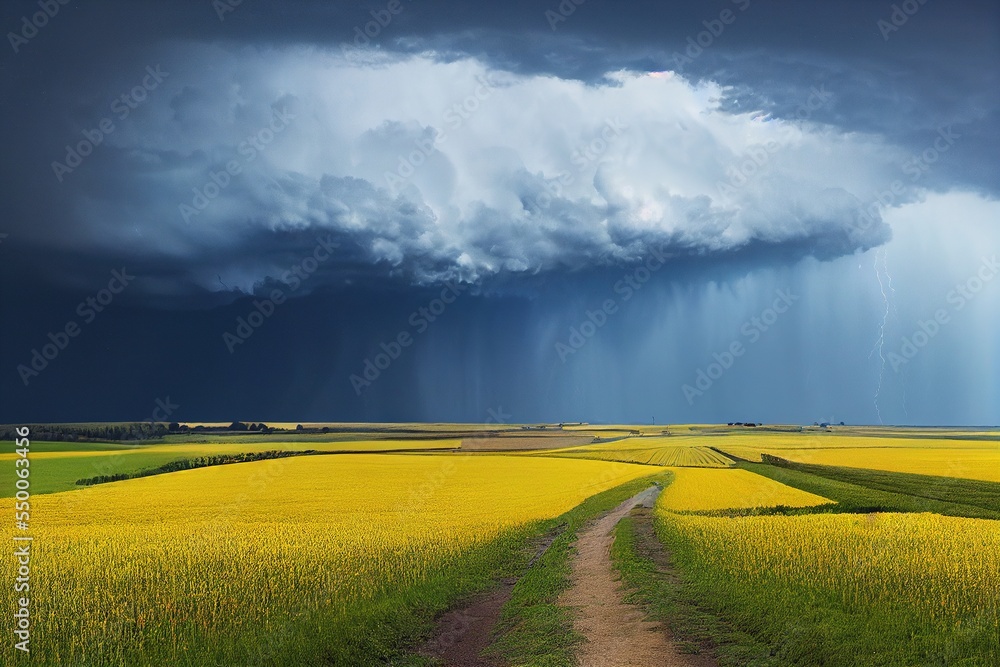 Obraz premium storm cloud on rural farm land, green grass and yellow canola fields, generative ai