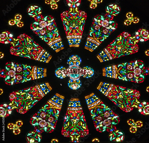 BARCELONA, SPAIN - MARCH 3, 2020: The rosette in the church Esglesia De Santa Maria De Montalegre by Antoni Rigalt (1902).