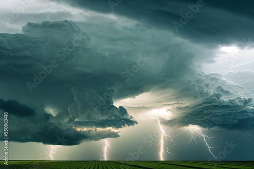 thunder and lightning over rural landscape photo