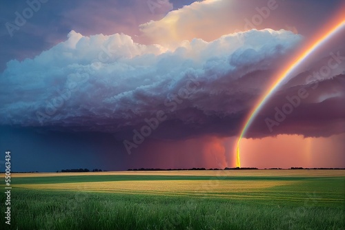 thunderstorm storm cloud over agricultural land with rainbow ending in lightning