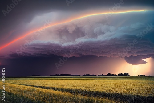 thunderstorm storm cloud over agricultural land, generative ai