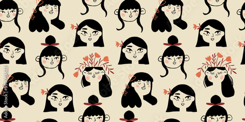 Vector seamless pattern of one line drawing abstract flowers and beautiful young woman and geometric liquid shapes. Hand drawn modern minimalistic design for fashion, print, textile. Vector