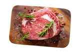 fresh meat with rosemary and spices on a wooden board isolated on transparent background, top view
