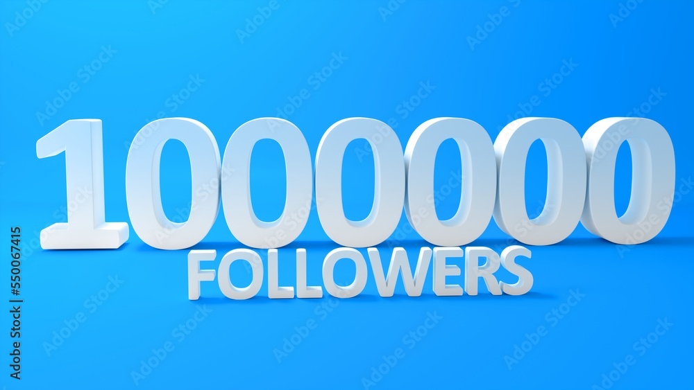 One Million Follower Popular Web Banner Template Design. 3d rendering. 1 million blue white isolated on a blue background.