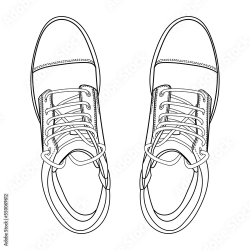Vector hand drawing illustration with men fashion oxford boots, top view. Ouline doodle illustration	

