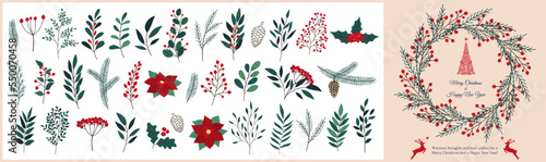 Christmas hand drawn set of poinsettia, leaves, branches, berries, holly, pine cone, guelder rose. Winter floral cozy collection. Vector sketch elements. Christmas reindeer and Christmas tree