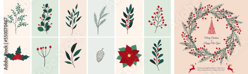 Christmas hand drawn set of poinsettia, leaves, branches, berries, holly, pine cone, guelder rose. Winter floral cozy collection. Vector sketch elements. Christmas reindeer and Christmas tree
