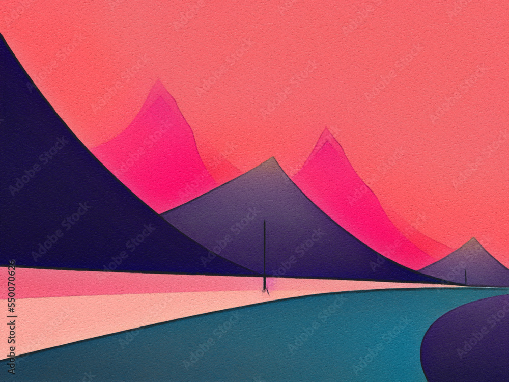 Road between mountains illustration, freedom journey digital art background