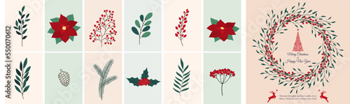 Christmas hand drawn set of poinsettia, leaves, branches, berries, holly, pine cone, guelder rose. Winter floral cozy collection. Vector sketch elements. Christmas reindeer and Christmas tree
