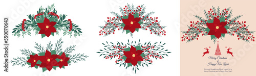 Christmas hand drawn arrangement with poinsettia, berries and leaves. Winter floral cozy elements. Happy New Year floral vector frames. Christmas reindeer and Christmas tree