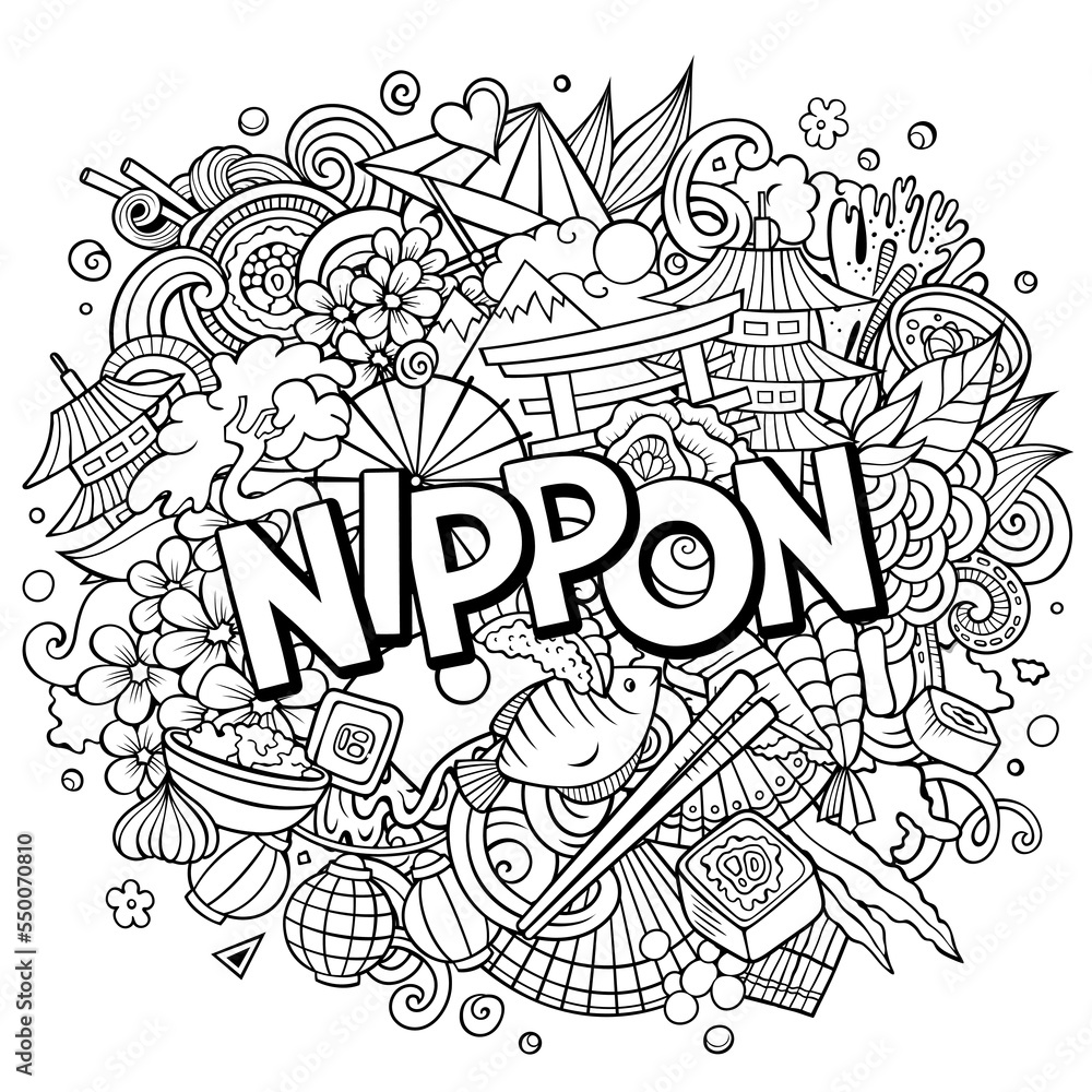 Japan Nippon hand drawn cartoon doodles illustration. Funny travel design.