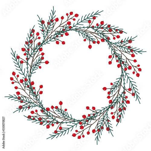 Christmas hand drawn wreath with berries and Christmas tree branches. Winter floral cozy elements. Vector floral frames. Happy New Year illustration isolated on a white background