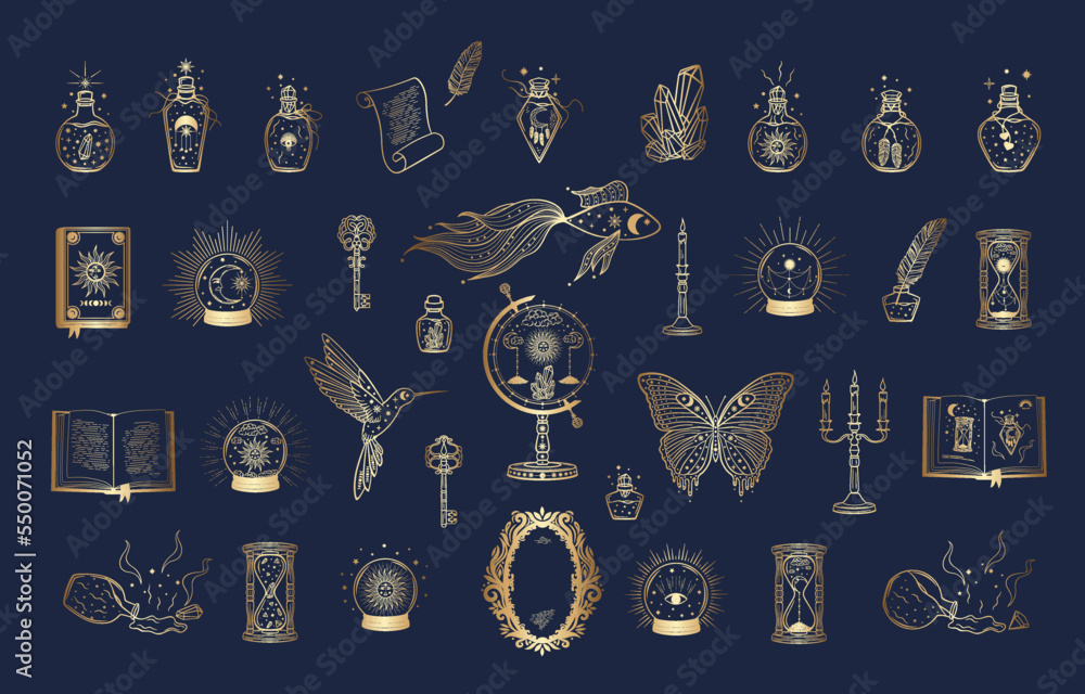 Hand drawn set of golden mystical glass bottle, crystal ball, book, mirror, globe, hourglass, goldfish, hummingbird, butterfly in line art. Magic talisman. Vector illustration on blue background Hand drawn set of golden mystical glass bottle, crystal ball, book, mirror, globe, hourglass, goldfish, hummingbird, butterfly in line art. Magic talisman. Vector illustration on blue background