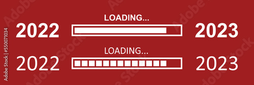 Happy new year 2023, loading bar. Loading bar 2023, red background. Vector illustration.