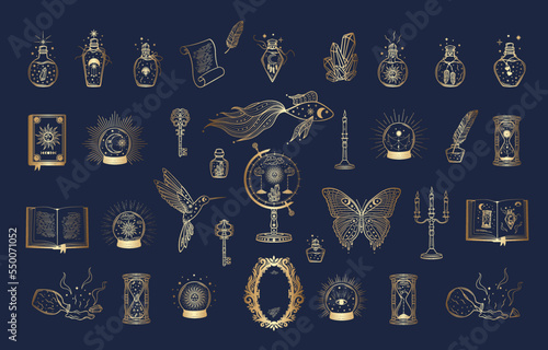 Hand drawn set of golden mystical glass bottle, crystal ball, book, mirror, globe, hourglass, goldfish, hummingbird, butterfly in line art. Magic talisman. Vector illustration on blue background