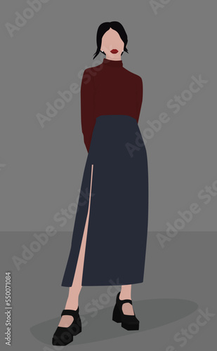 Vector flat image of a brunette. A girl in a sweater, a long skirt with a slit and black shoes. Design for avatars, posters, backgrounds, templates, banners, textiles, postcards.
