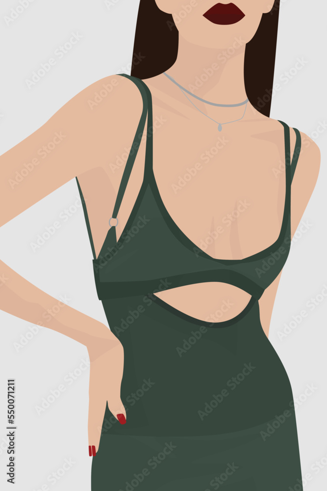 Vector flat image of a young girl in a summer sundress of emerald color. Girl with long hair. Design for avatars, posters, backgrounds, templates, banners, textiles, postcards.