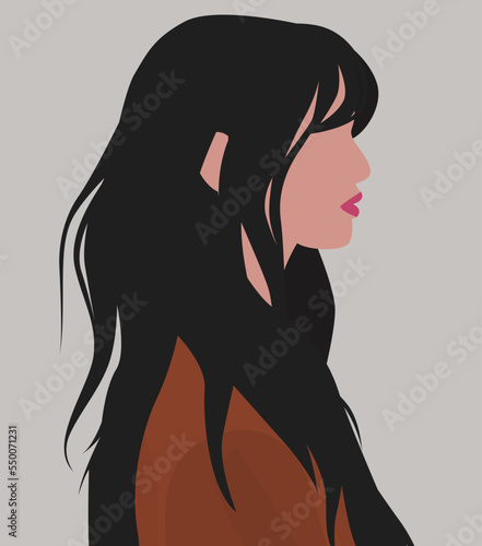 Vector flat image of a young girl in profile. Lady with dark long hair and bangs. Design for avatars, posters, backgrounds, templates, textiles, banners, postcards.