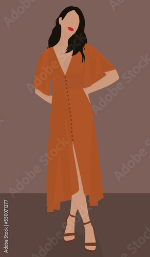Vector flat image of a dark-haired girl in summer clothes. Girl in an orange dress and sandals. Design for avatars, posters, backgrounds, templates, banners, textiles, posters.