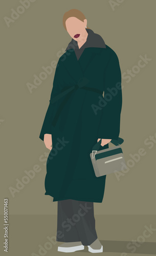 Vector flat image of a blonde in winter clothes. Girl in a winter coat, knitted suit and boots. Girl with a bag. Design for avatars, posters, backgrounds, templates, banners, textiles.
