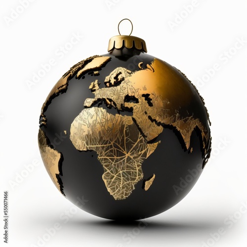 Single christmas ball ornament - black and gold with a world map