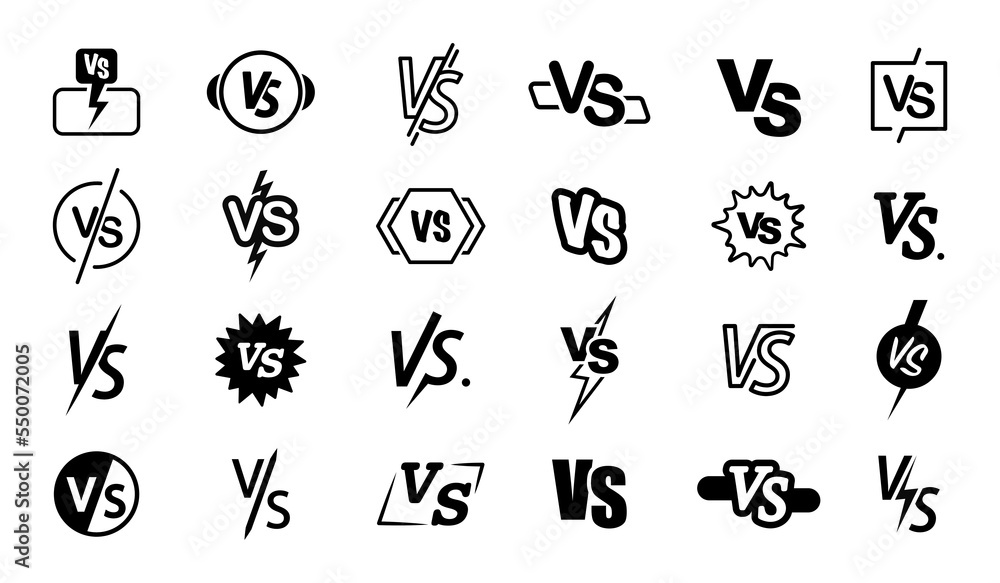 Versus logo set. VS letters. Competition symbol.VS symbol for sport, game, battle, wrestling, match, duel. Vector illustration.