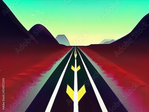 Road between mountains illustration, freedom journey digital art background