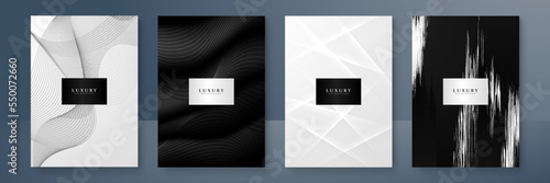 Modern cover design set. Gold abstract line pattern (wave curves) in premium colors: black and gold . Luxury wavy stripe vector layout for business background, certificate, brochure template